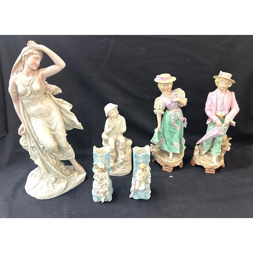 126 - Minton Pair Bisque figures M & £, pair spill small vases, porcelain bot figure, Lady figurine, talle... 