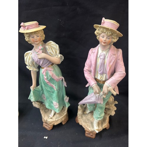 126 - Minton Pair Bisque figures M & £, pair spill small vases, porcelain bot figure, Lady figurine, talle... 