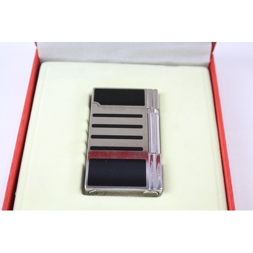 487 - Boxed St Dupont Paris Silver Tone, Black Lacquer Cigarette Lighter WORKING