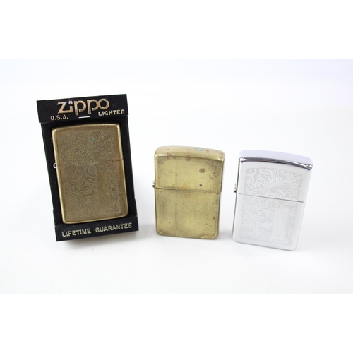 490 - 3 x Assorted ZIPPO Cigarette Lighters Inc Engraved, Boxed, Venetian, Brass etc