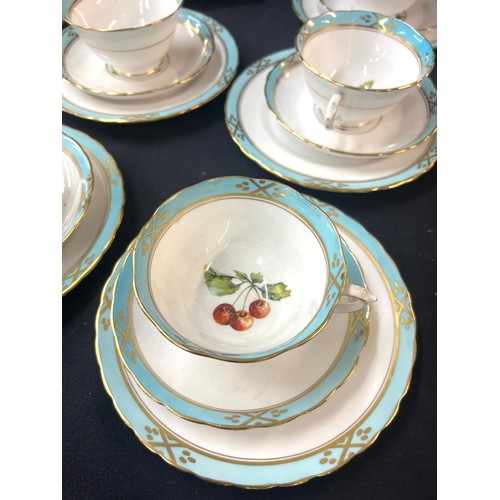 469 - Tuscan china turquoise tea set decorated with fruit, 12 place setting, (1 cup cracked) no teapot