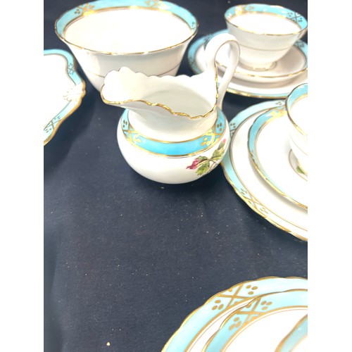 469 - Tuscan china turquoise tea set decorated with fruit, 12 place setting, (1 cup cracked) no teapot