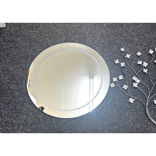 161 - Frameless circular mirror, coloured glass framed mirror, piece of wall art, largest piece measures: ... 