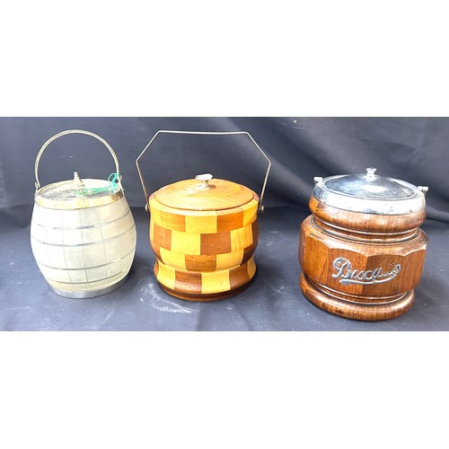 82 - 2 Wooden, 1 glass vintage biscuit barrels