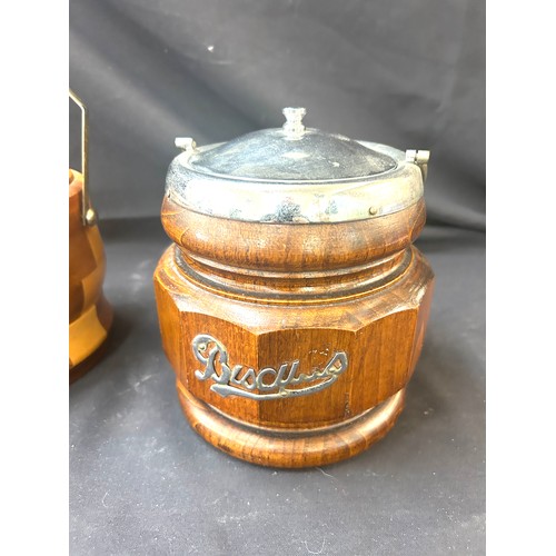 82 - 2 Wooden, 1 glass vintage biscuit barrels