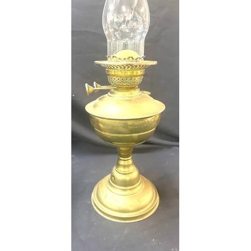 477 - 3 Vintage oil lamps, all with funnels, 1 with shade