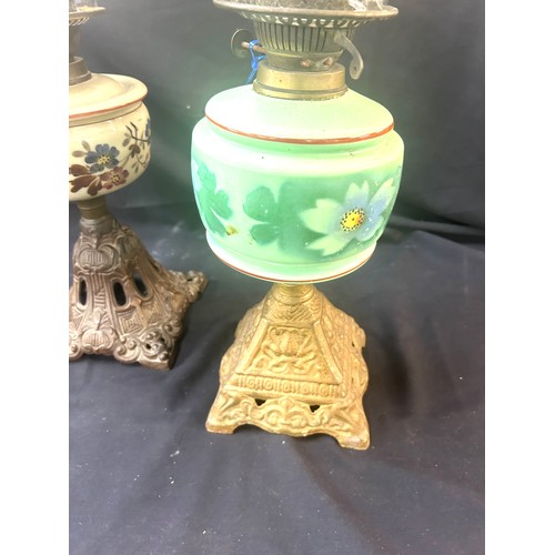 480 - 3 Vintage oil lamps, all with funnels, all with shades