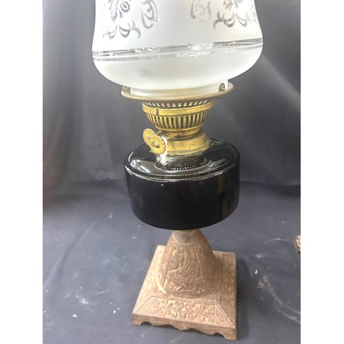 480 - 3 Vintage oil lamps, all with funnels, all with shades