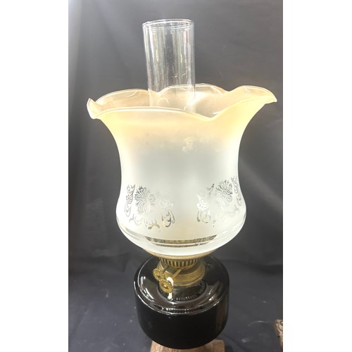 480 - 3 Vintage oil lamps, all with funnels, all with shades