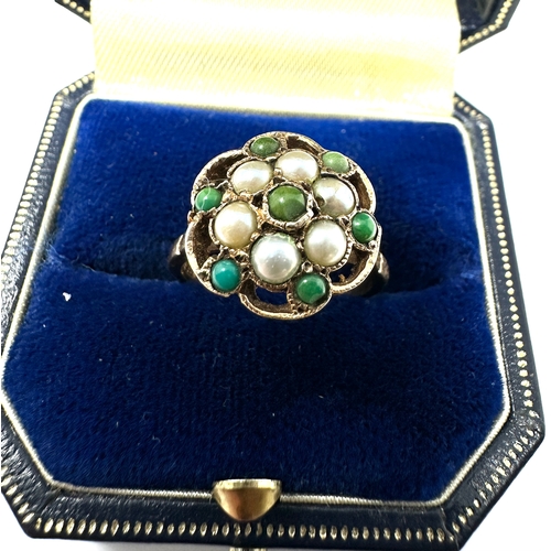 98 - Vintage 9ct gold seed-pearl & turquoise ring weight 2.4g