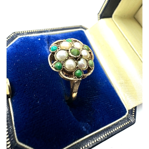 98 - Vintage 9ct gold seed-pearl & turquoise ring weight 2.4g