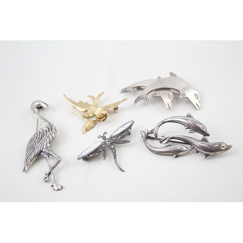 318 - Collection of Sterling Silver Animal Brooches inc. Gold Plate, Marcasite x 5 26g