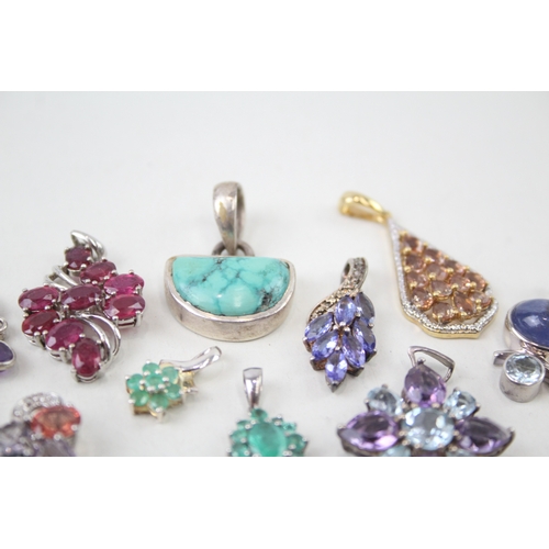 322 - Collection of Sterling Silver Gemstone Pendants inc. Emerald, Tanzanite x 10 17g