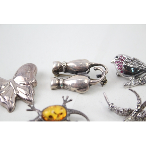 327 - Collection of Sterling Silver Animal Brooches inc. Gemstone, Marcasite x 5 26g