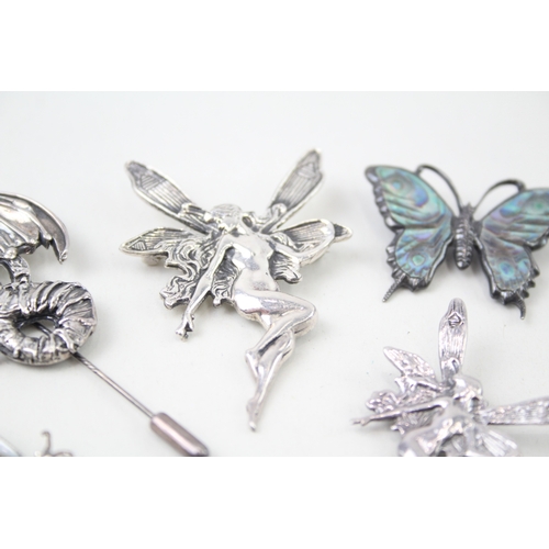 328 - Collection of Sterling Silver Brooches inc. Whimsical, MOP, Marcasite x 5 32g