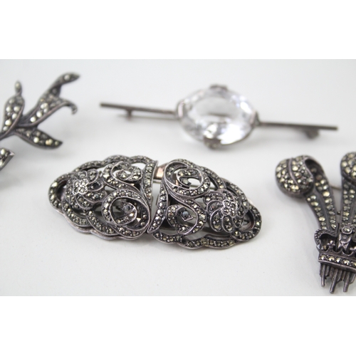 329 - Collection of Sterling Silver Vintage Brooches inc. Marcasite, Paste x 4 47g