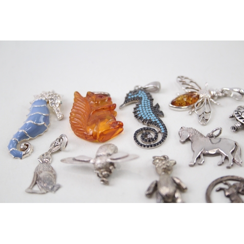 347 - Collection of Sterling Silver Animal Pendants inc. Amber, Enamel x 13 31g