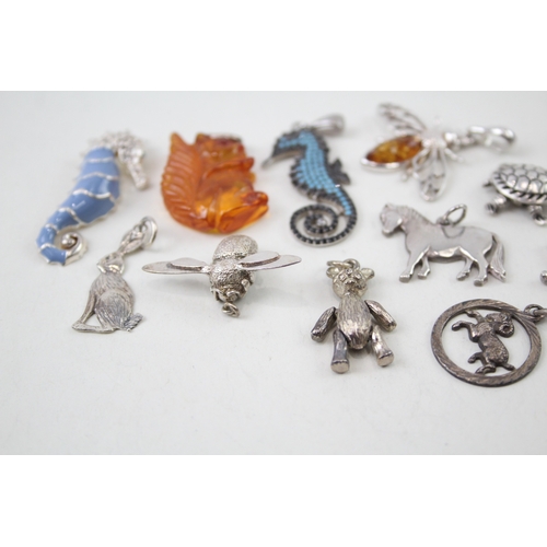 347 - Collection of Sterling Silver Animal Pendants inc. Amber, Enamel x 13 31g