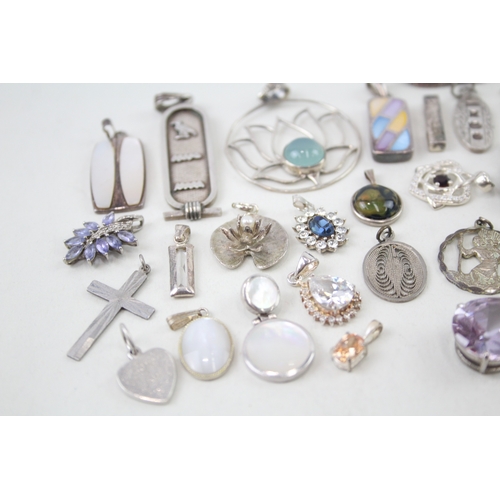 348 - Assortment of Sterling Silver Pendants inc. Locket, MOP, Charms, Cross 82g