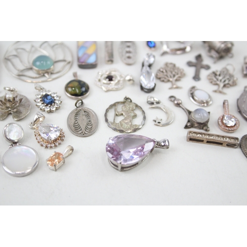 348 - Assortment of Sterling Silver Pendants inc. Locket, MOP, Charms, Cross 82g