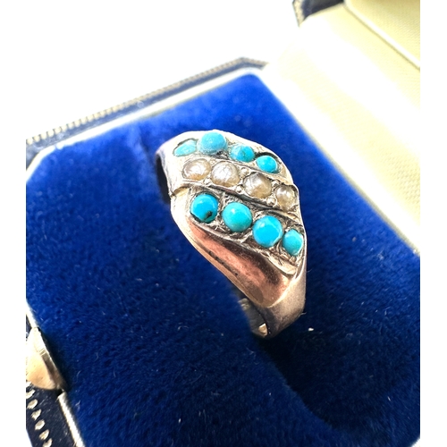 103 - Vintage 9ct gold seed-pearl & turquoise ring weight 1.7g