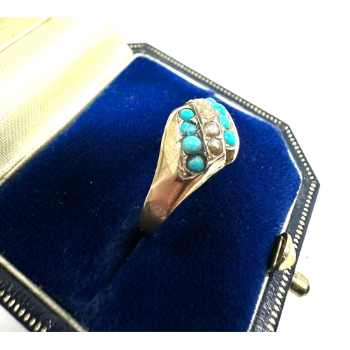 103 - Vintage 9ct gold seed-pearl & turquoise ring weight 1.7g