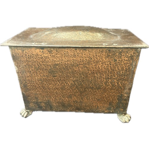 163 - Copper coal box on legs, approximate measurements: Width 16 inches, Depth 13 inches, Height 12 inche... 