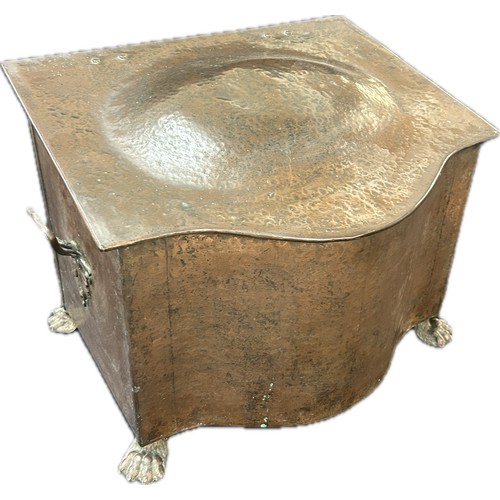 163 - Copper coal box on legs, approximate measurements: Width 16 inches, Depth 13 inches, Height 12 inche... 