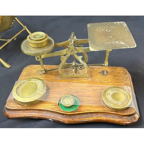 152 - Selection of collectables to include postal scales, wooden bellows, brass kettle on stand, leather b... 