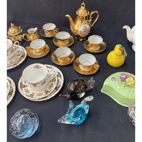 132 - Selection of part tea services, glass paperweights, porcelain etc