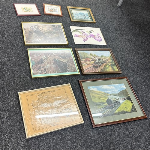 121 - Selection of framed prints depicting trains, maps etc