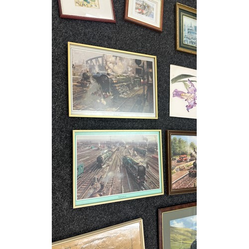 121 - Selection of framed prints depicting trains, maps etc