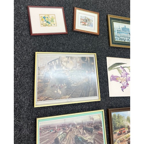 121 - Selection of framed prints depicting trains, maps etc