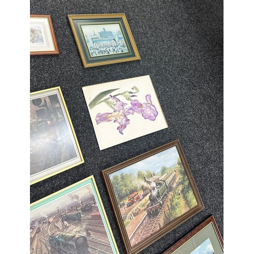 121 - Selection of framed prints depicting trains, maps etc