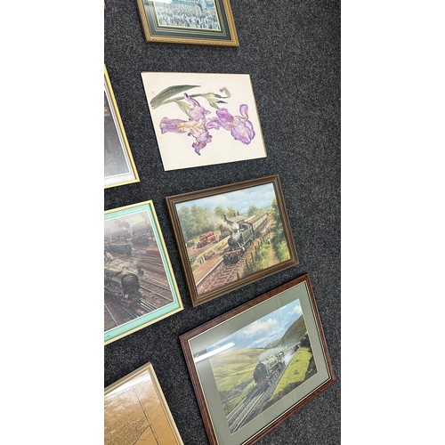 121 - Selection of framed prints depicting trains, maps etc