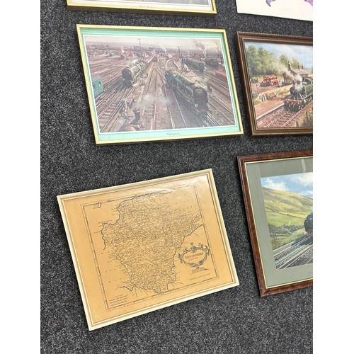 121 - Selection of framed prints depicting trains, maps etc