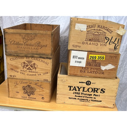 329 - 6 Wooden wine / port cases, approximate measurements 74 x 19.5 x 13 inches