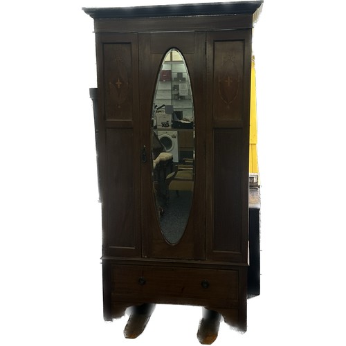 521 - Mahogany inlaid mirror door wardrobe measures approx 40 inches wide by 76 inches tall