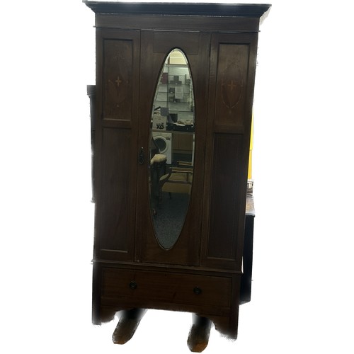 521 - Mahogany inlaid mirror door wardrobe measures approx 40 inches wide by 76 inches tall