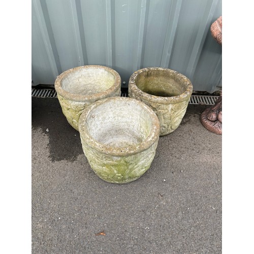 100H - Set of three concrete planters measures approximately 13 inches tall 15 inches diameter