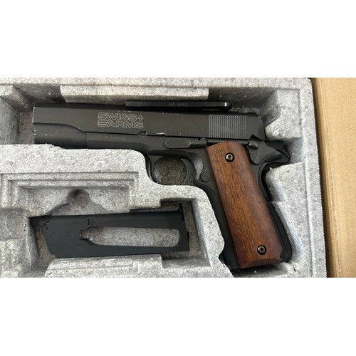 83 - Swiss arms P-1911 semi- auto air pistol with magazine, allen key, box and instructions