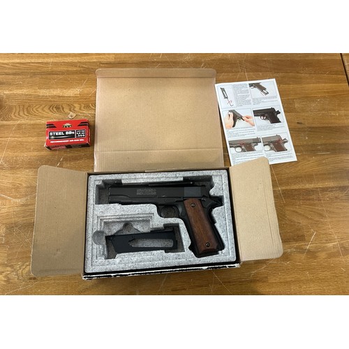 83 - Swiss arms P-1911 semi- auto air pistol with magazine, allen key, box and instructions