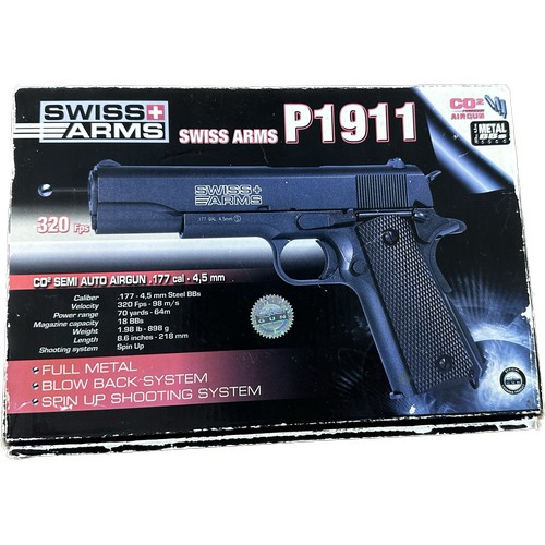 83 - Swiss arms P-1911 semi- auto air pistol with magazine, allen key, box and instructions