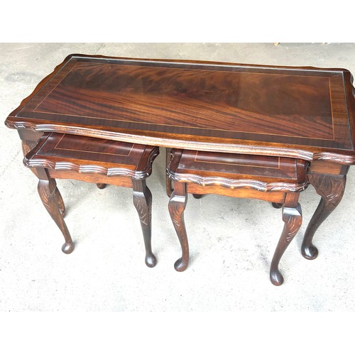 395 - Mahogany nest of tables, glass top, Height 17 inches, Width 38 inches, Depth 19 inches