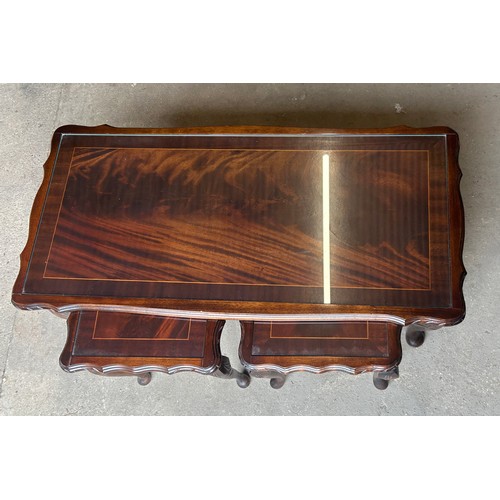 395 - Mahogany nest of tables, glass top, Height 17 inches, Width 38 inches, Depth 19 inches