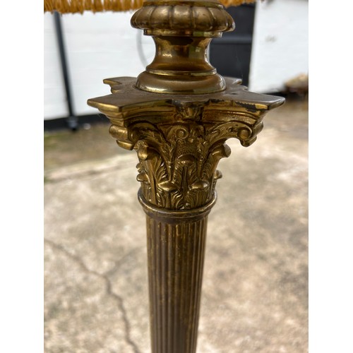 418A - Antique brass standard lamp with shade, untested, overall height with shade 66 inches