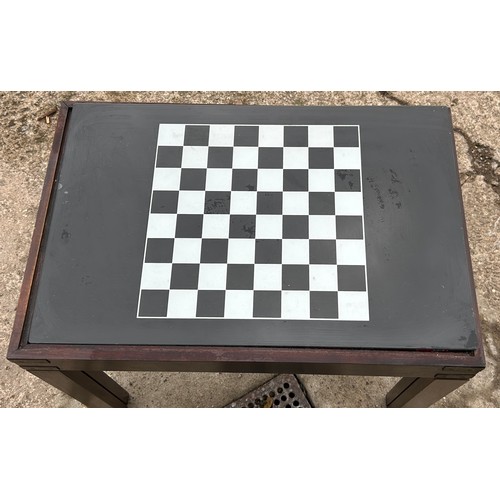 371 - Mahogany games table with game pieces, overall measurements: 20 x 24 x 16 inches