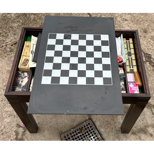 371 - Mahogany games table with game pieces, overall measurements: 20 x 24 x 16 inches