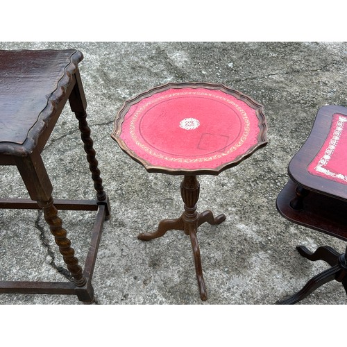 376 - 3 Occasional tables, to include leather top, barley twist, largest measures 26 inches tall Width 22,... 