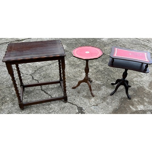 376 - 3 Occasional tables, to include leather top, barley twist, largest measures 26 inches tall Width 22,... 